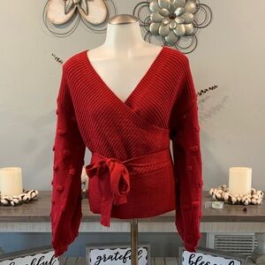 Elegant Red V-Neck Sweater with Belted Waist